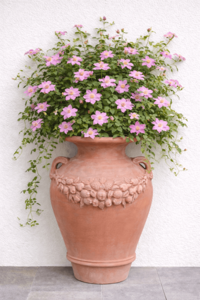 Klassischer toskanischer Wandkrug mit Henkeln und Fruchtgirlande – Handgefertigt aus Impruneta-Terracotta